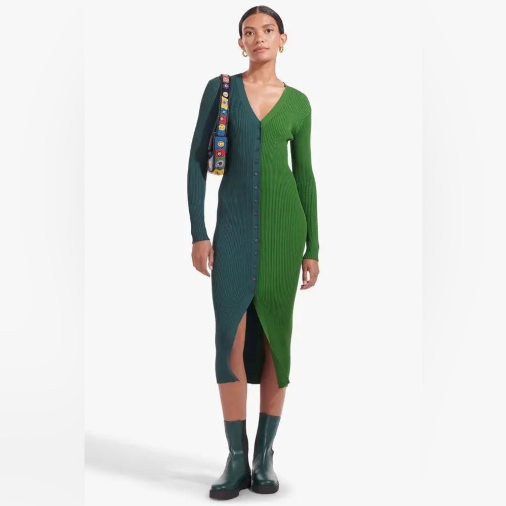 STAUD Shoko Colorblocked Midi-Dress in Cypress/Emerald (Small / Medium)